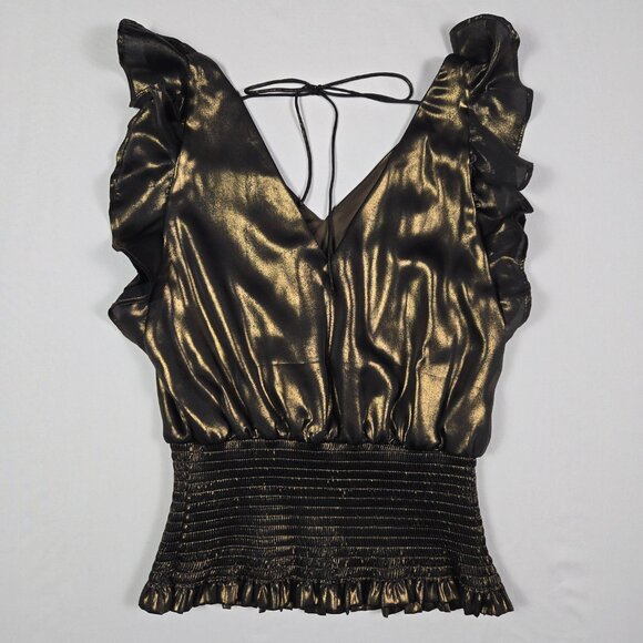 Nine West Womens‎ XS Metallic Black Ruffle Top Smocked Waist Y2K Disco Night Out - Picture 6 of 10
